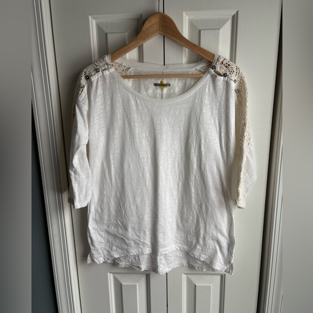Little Yellow Button Womens 3/4 Sleeve Ivory Shirt Crochet Trim Boho Size XS
